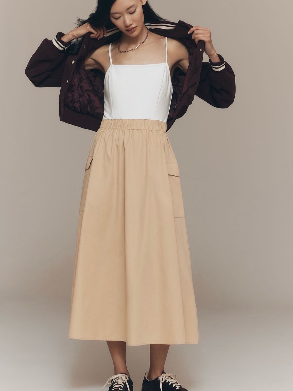 NWOT, Anthropologie A-Line Midi Dress with cargo pockets, khaki and white, Small - Picture 3 of 6